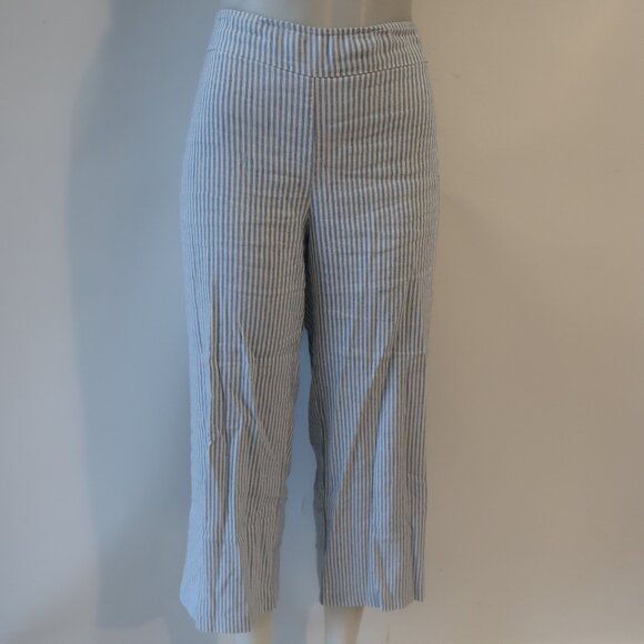 Women Avenue Montaigne Alex Blue White Linen Blend Stipe Pull-On Flared Pants 4 - Picture 2 of 11